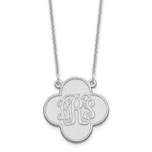 Sterling silver clover shaped monogram pendant engraved with three script initials