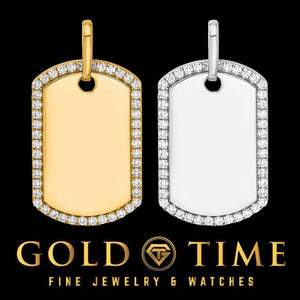 14K yellow and white gold dog tag pendants framed with diamond borders