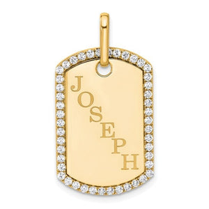 Yellow gold diamond dog tag engraved with the name JOSEPH on a diagonal