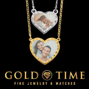 Heart shaped photo pendants with diamond cut frames in silver and gold plated silver, each holding a family photo