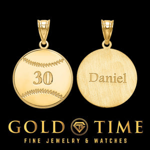 14k yellow gold custom baseball pendant, front engraved with jersey number 30 and back engraved with the name Daniel, Gold Time