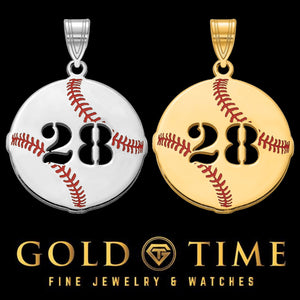 Custom baseball number pendants with number 28 in sterling silver and yellow gold with red enamel stitching