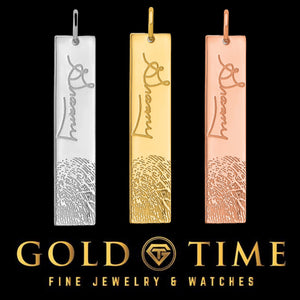 Fingerprint and signature bar pendants in sterling silver, yellow gold, and rose gold, each engraved with a handwritten signature above a fingerprint