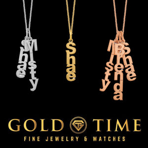 Brushed finish vertical name charm necklaces with dangling block letter names in silver, yellow gold and rose gold