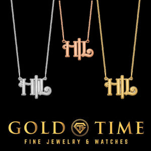 Three Gothic two letter monogram necklaces in silver, rose and gold on a black Gold Time card