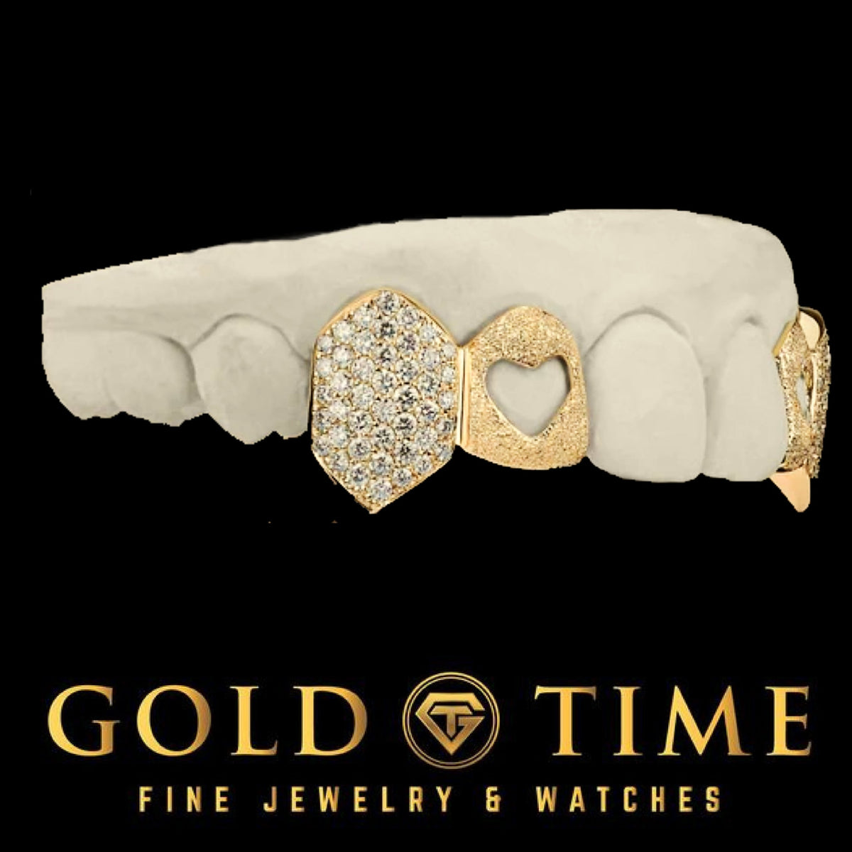 Custom Grillz Honeycomb CZ Canine Fangs with Diamond Dust Heart Cut Out Incisor Tips - Yellow, Silver, Rose Options