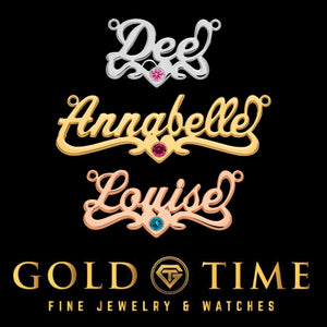 Script nameplates with birthstones in silver tone, yellow gold and rose gold reading Dee, Annabelle and Louise