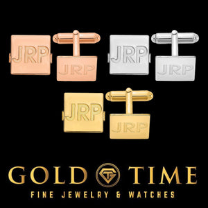 Square monogram cuff links engraved JRP in rose, white, and yellow, shown in pairs