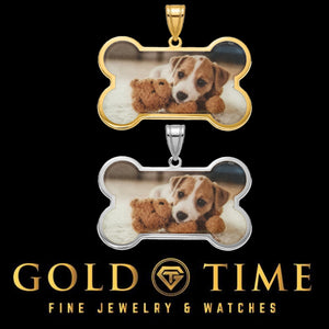 Dog bone photo pendants in gold plated and sterling silver with a puppy photo