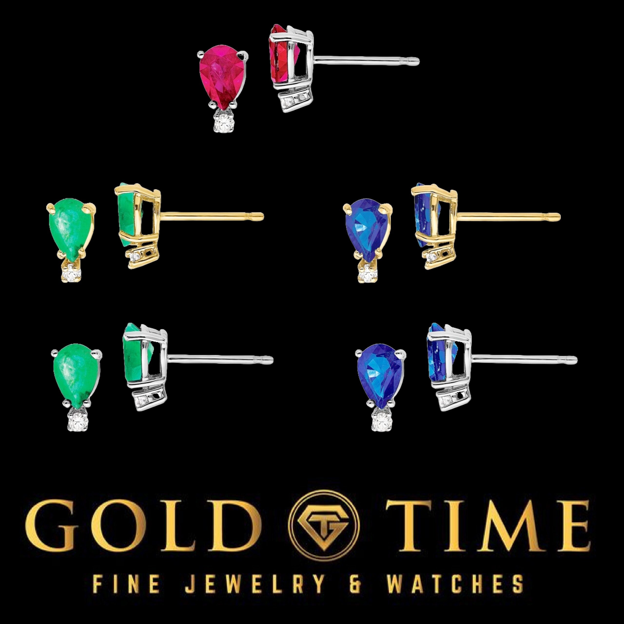 14k Gold Pear-Cut Ruby, Sapphire, or Emerald Stud Earrings  Natural Gemstones with Diamond Accent  Birthstone Jewelry Gift