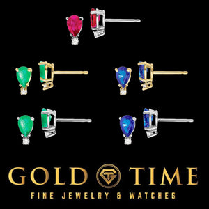 Pear cut emerald, ruby and sapphire stud earrings with diamond accents, shown in yellow and white gold