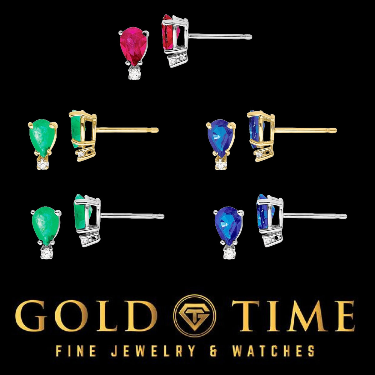 14k Gold Pear-Cut Ruby, Sapphire, or Emerald Stud Earrings  Natural Gemstones with Diamond Accent  Birthstone Jewelry Gift