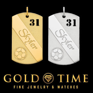 Personalized soccer dog tag pendants in gold plated and sterling silver with cut-out number 31, engraved name Skyler, and soccer ball, Gold Time
