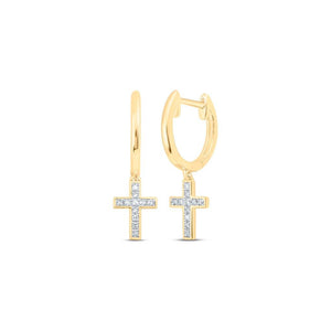 Yellow 10K gold diamond cross huggie hoop earrings