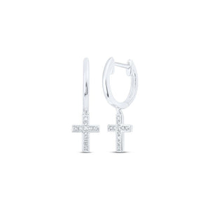 White 10K gold diamond cross huggie hoop earrings