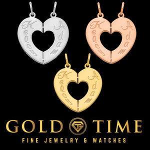 Personalized breakable heart pendants with a script name on each half in silver, rose, and yellow gold