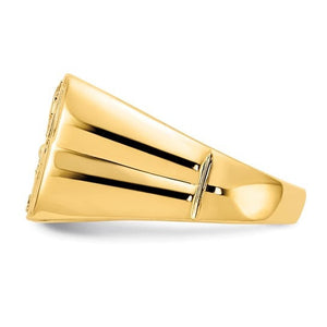 Side view of the gold eagle ring showing the grooved, tapered shoulder