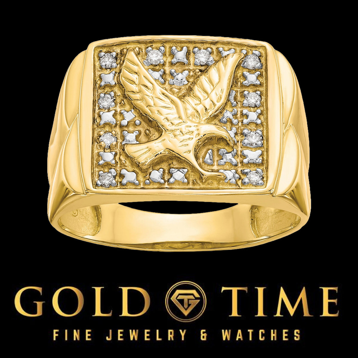10K or 14k Gold and Diamond Mens Eagle Ring