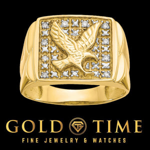 Men's yellow gold eagle ring with a raised gold eagle on a diamond-set white face