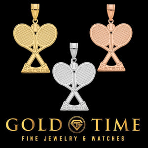 Three tennis racket name pendants in yellow, white and rose gold reading Serena, on a black Gold Time card
