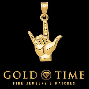 14K yellow gold I Love You hand sign pendant on a black Gold Time background