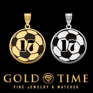 Gold and sterling silver soccer ball pendants with black enamel panels and a cut-out number 17, black background with the Gold Time logo