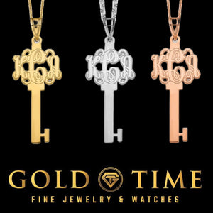 Script monogram key necklaces shown in yellow, white, and rose gold