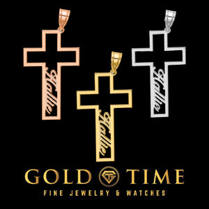Rose gold, yellow gold and white gold open cross pendants with a cursive name cut into the lower stem, black background with the Gold Time logo