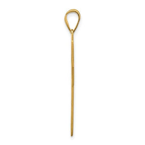 Side profile of the cross name pendant showing its thin flat edge and bail