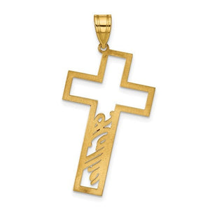 Angled view of the yellow gold cross name pendant showing the cut-out lettering