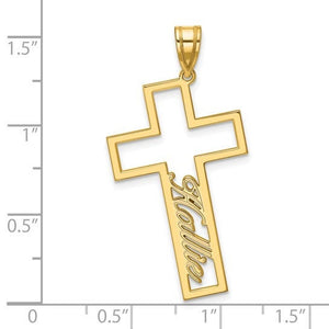 Yellow gold cross name pendant beside a ruler showing it is about 1.3 inches tall