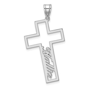 Sterling silver open outline cross pendant with a cut-out cursive name in the stem