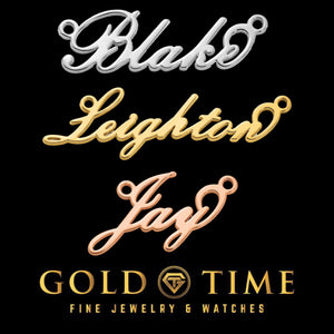 Three cursive script name necklaces in silver, yellow gold and rose gold on black with the Gold Time logo