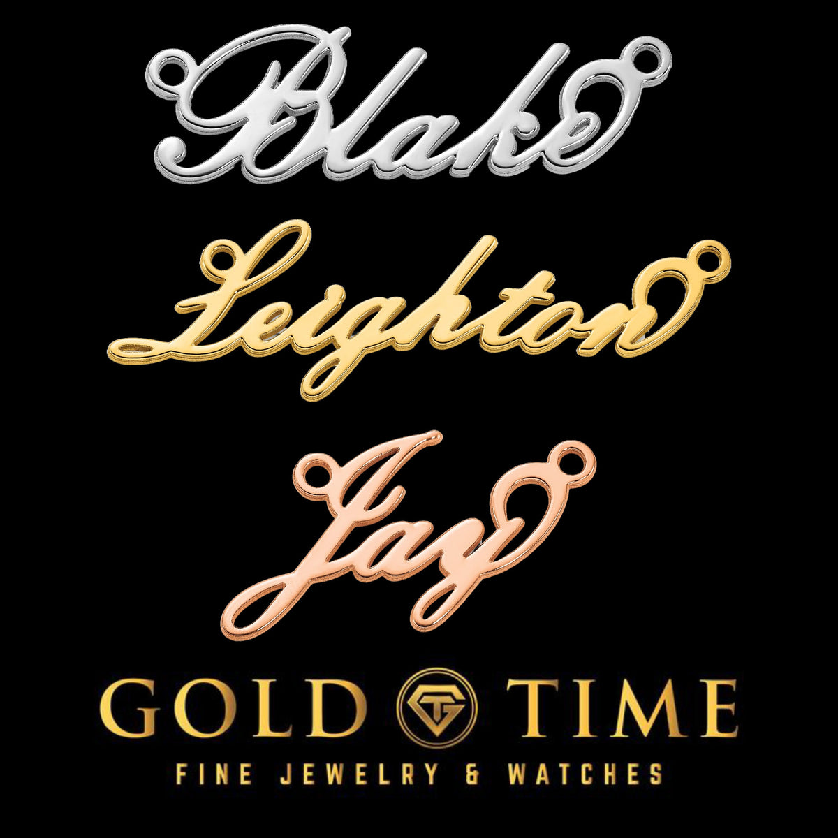 Personalized Cursive Script Embassy Font Nameplate or Necklace - Sterling Silver, 10k, 14k Gold - Yellow, White, Rose