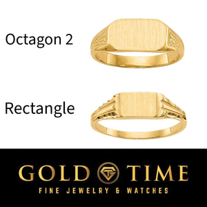14k gold children's rings in the Octagon 2 and Rectangle designs, labeled