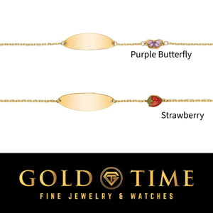 Chart of two 14k gold enamel ID bracelet designs, purple butterfly and strawberry, each with an engravable oval plate
