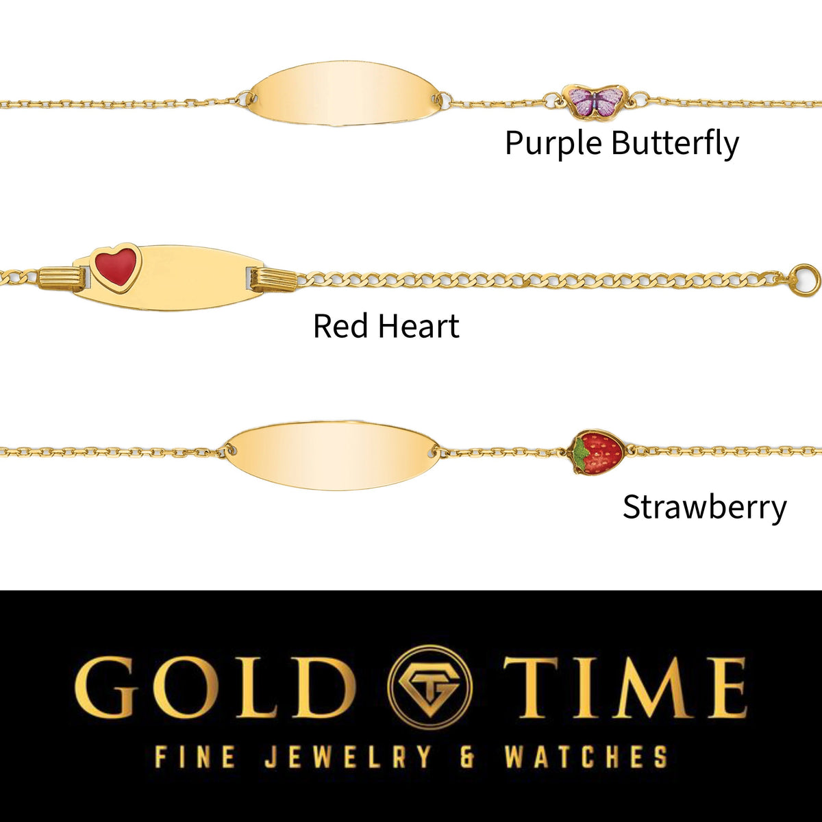 14k Yellow Gold Enamel ID Bracelet with Colorful Charms, Custom Engraving, Heart, Butterfly, Strawberry, Flower Design, 5.56 in