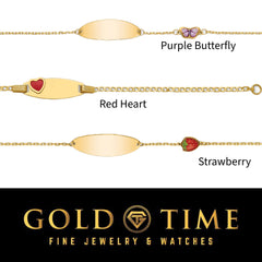 14k Yellow Gold Enamel ID Bracelet with Colorful Charms, Custom Engraving, Heart, Butterfly, Strawberry, Flower Design, 5.56 in