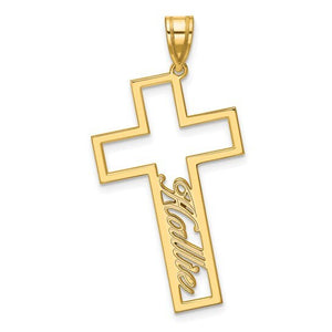 Yellow gold open outline cross pendant with a cursive name cut out along the vertical stem