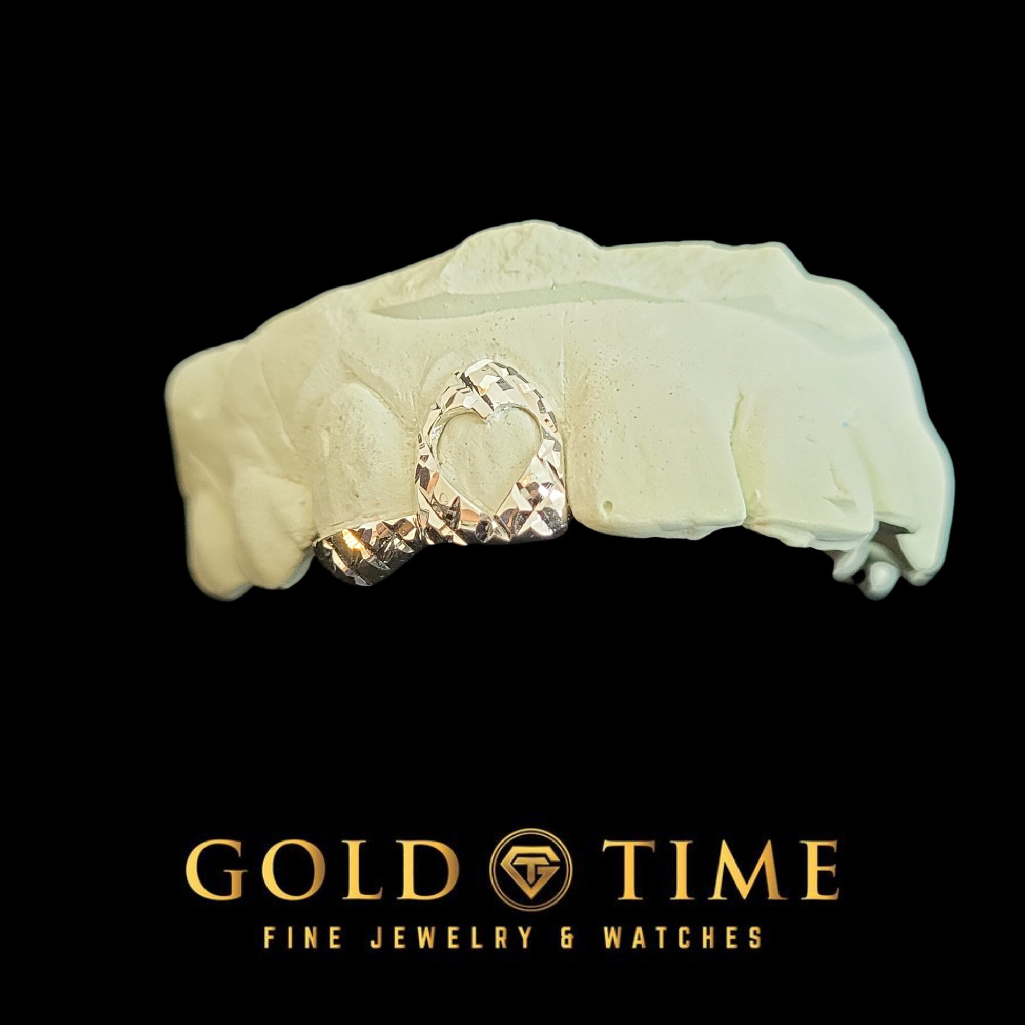 Custom Double Cap Grillz with Heart Cutout & Trillion Diamond Cuts  Incisor and Canine Tip  10K 14K Gold or Silver  Handmade Set