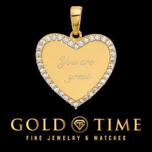 14k yellow gold heart pendant with a cubic zirconia halo, engraved in script with You are great, black background with the Gold Time logo