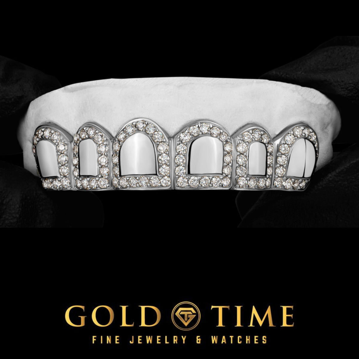 Custom Moissanite Border Grillz: Solid Teeth, Iced Out Mouthpiece