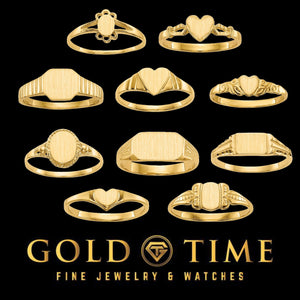 Ten 14k gold children's signet ring designs shown together, including hearts, butterfly, ovals, octagons and rectangle