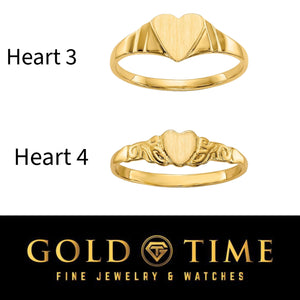 14k gold children's rings in the Heart 3 and Heart 4 designs, labeled