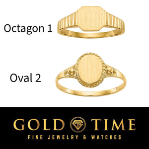 14k gold children's rings in the Octagon 1 and Oval 2 designs, labeled