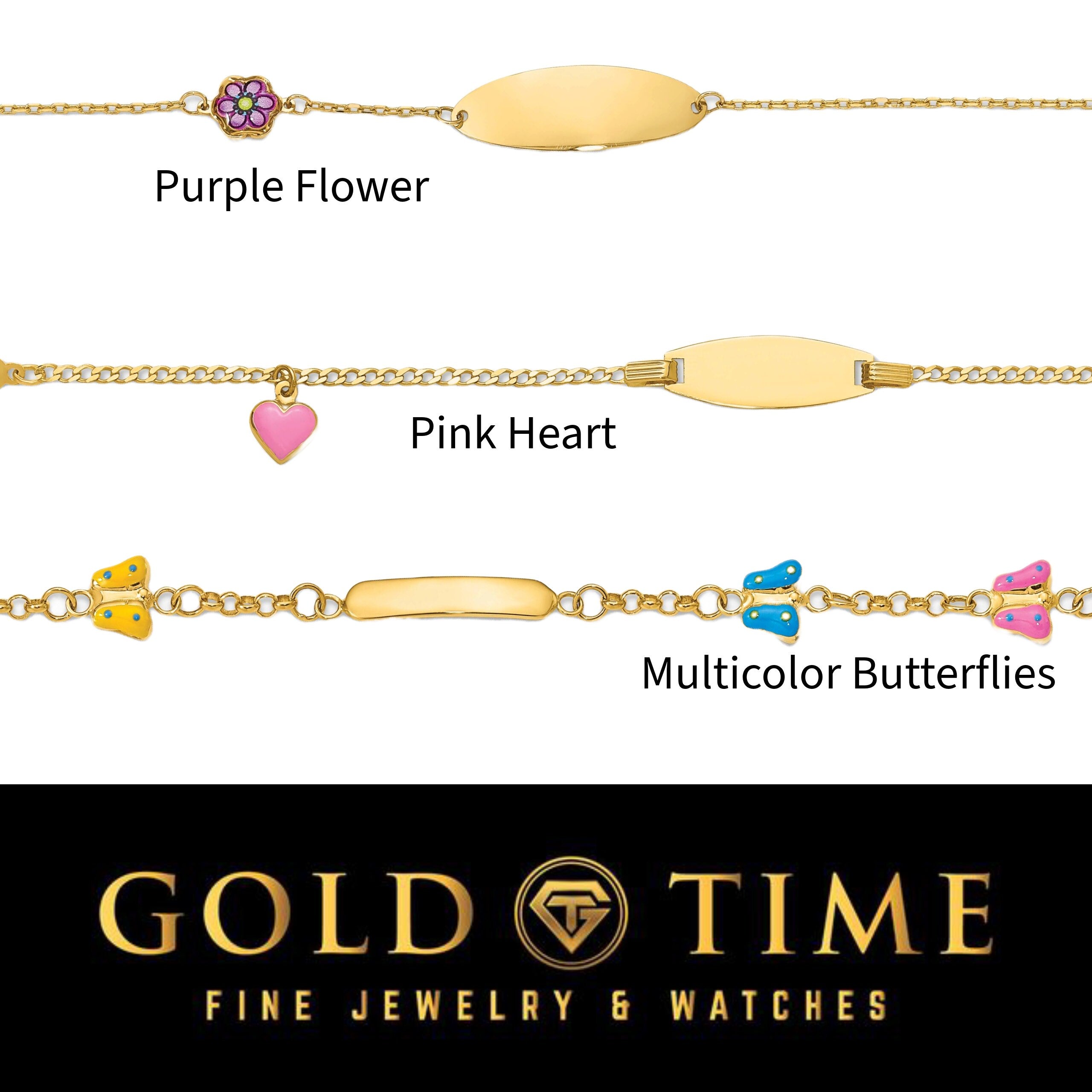 14k Yellow Gold Enamel ID Bracelet with Colorful Charms, Custom Engraving, Heart, Butterfly, Strawberry, Flower Design, 5.56 in