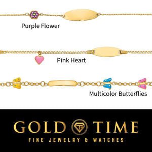 14k gold girls ID bracelet with a purple flower enamel charm and an engravable oval plate