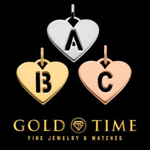 Heart initial cut out pendants in sterling silver, yellow gold, and rose gold with the letters A, B, and C
