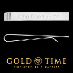 Sterling silver tie bar engraved John Doe 1.23.24 shown from the front and side