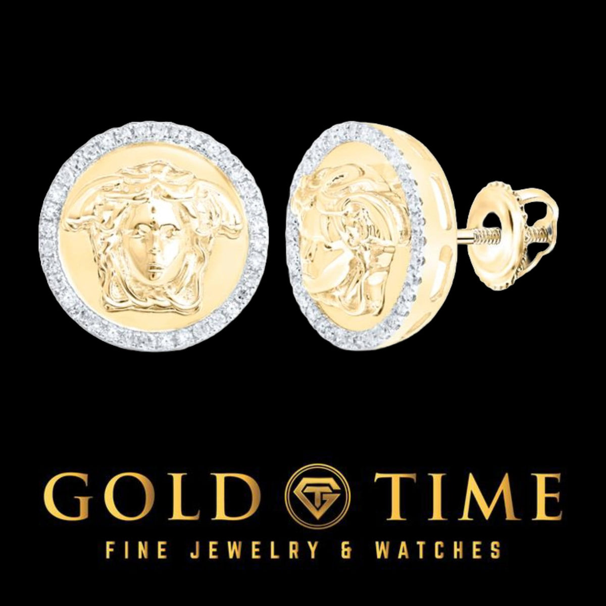 10k Yellow Gold & Diamond Greek Medusa Circle Screw Back Stud Earrings - .28 CTTW Natural Diamonds